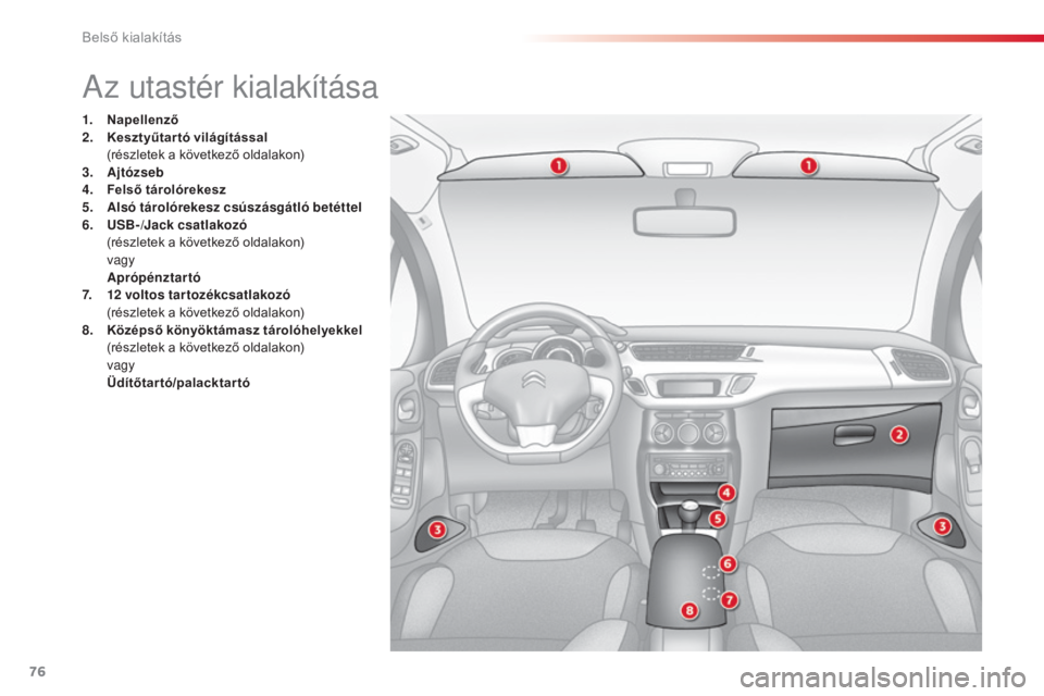 CITROEN C3 2015  Kezelési útmutató (in Hungarian) 76
C3_hu_Chap06_amenagement_ed01-2014
az utastér kialakítása
1. Napellenző
2. K
esztyűtar tó világítással 
 (

részletek a következő oldalakon)
3.
 A

jtózseb
4.
 F

első tárolórekesz
