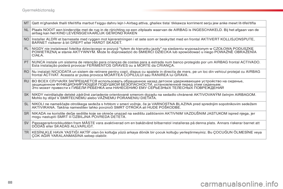CITROEN C3 2015  Kezelési útmutató (in Hungarian) mtQatt m’ghandek thalli tifel/tifla marbut f’siggu dahru lejn l-Airbag attiva, ghaliex tista’ tikkawza korriment serju jew anke mewt lit-tifel/tifla
NlPlaats NOOIT een kinderzitje met de rug in 