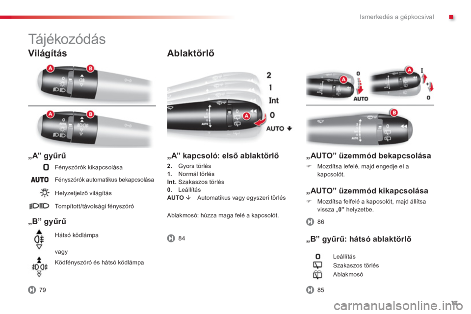 CITROEN C3 2014  Kezelési útmutató (in Hungarian) .Ismerkedés a gépkocsival
13
   Világítás 
 
 
„A” gyűrű 
   
„B” 
gyűrű 
Fényszórók kikapcsolása
Fényszórók automatikus bekapcsolása
Helyzetjelző világítás
To m p í t o 
