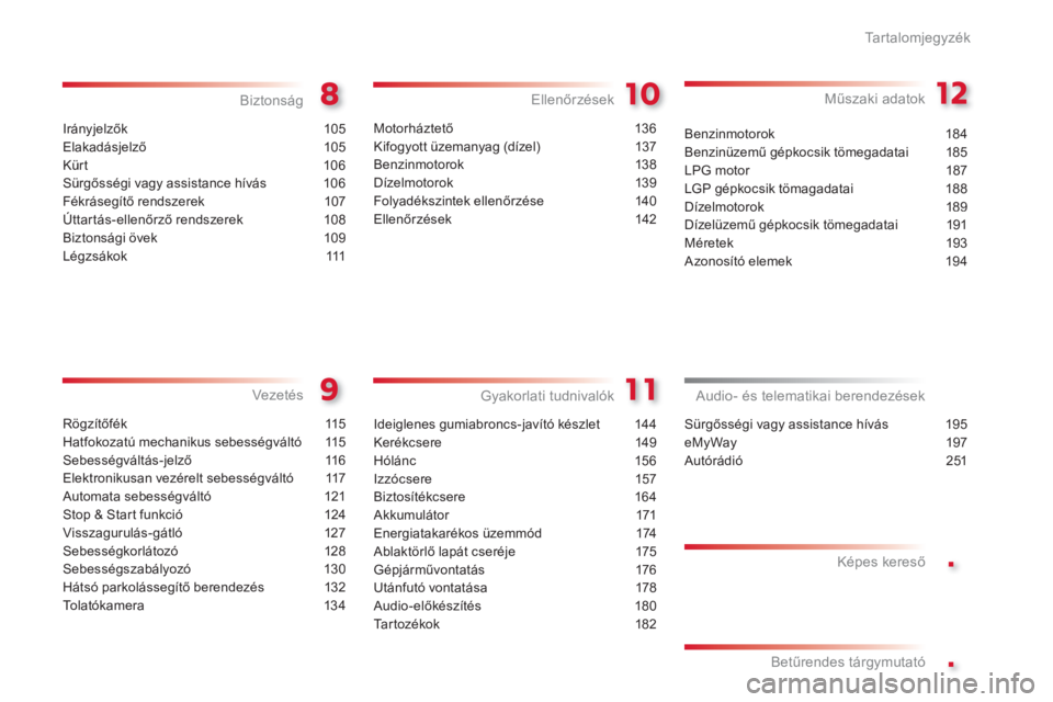 CITROEN C3 2014  Kezelési útmutató (in Hungarian) .
.
Ta r t a l o m j e g y z é k
Irányjelzők 105
Elakadásjelző 105
Kürt 106
Sürgősségi vagy assistance hívás  106
Fékrásegítő rendszerek  107
