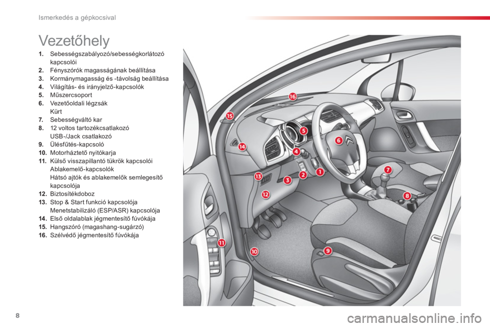 CITROEN C3 2014  Kezelési útmutató (in Hungarian) Ismerkedés a gépkocsival
8
1.   Sebességszabályozó/sebességkorlátozókapcsolói 2. 
 Fényszórók magasságának beállítása 3. 
 Kormánymagasság és -távolság beállítása4. 
 Világí