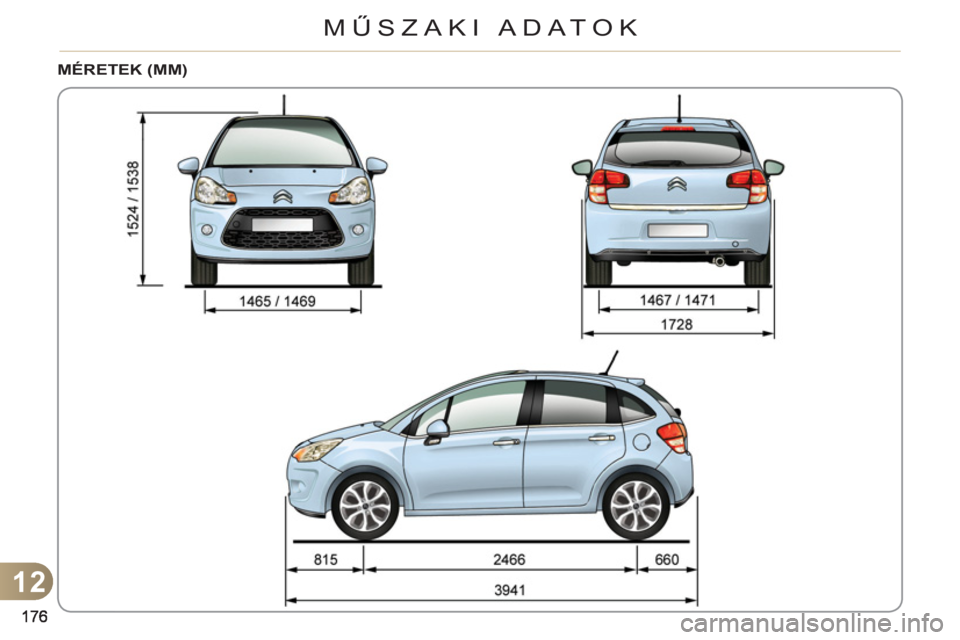 CITROEN C3 2013  Kezelési útmutató (in Hungarian) 12
MŰSZAKI ADATOK
   
 
 
 
MÉRETEK (MM)  