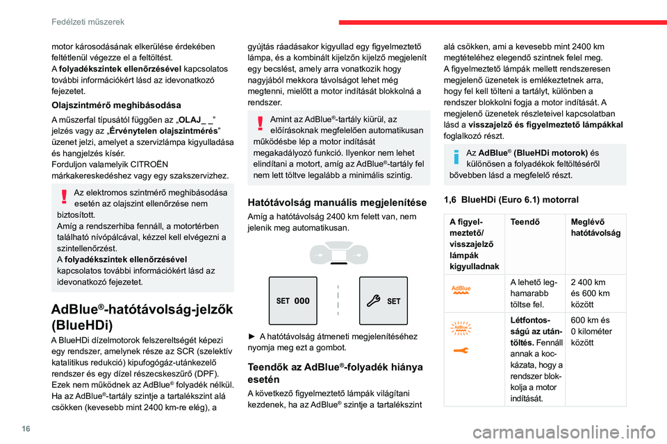 CITROEN C3 2020 Kezelési útmutató (in Hungarian) 16
Fedélzeti műszerek
A figyel-
meztető/
visszajelző
lámpák
kigyulladnakTeendő Meglévő
hatótávolság
A motor
beindításá-
hoz töltsön
legalább 5
liter AdBlue
®
folyadékot CITROEN C3 2020 Kezelési útmutató (in Hungarian) 16
Fedélzeti műszerek
A figyel-
meztető/
visszajelző
lámpák
kigyulladnakTeendő Meglévő
hatótávolság
A motor
beindításá-
hoz töltsön
legalább 5
liter AdBlue
®
folyadékot