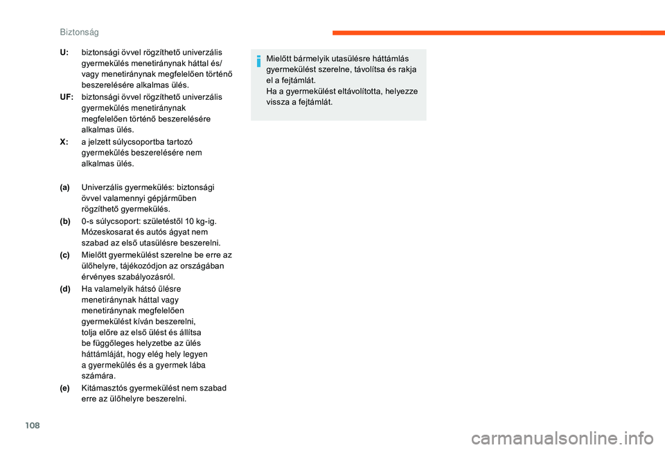CITROEN C3 2019 Kezelési útmutató (in Hungarian) 108
(a)Univerzális gyermekülés: biztonsági
övvel valamennyi gépjárműben
rögzíthető gyermekülés.
(b) 0 -s súlycsoport: születéstől 10
kg-ig.
Mózeskosarat és autós ágyat nem
s CITROEN C3 2019 Kezelési útmutató (in Hungarian) 108
(a)Univerzális gyermekülés: biztonsági
övvel valamennyi gépjárműben
rögzíthető gyermekülés.
(b) 0 -s súlycsoport: születéstől 10
kg-ig.
Mózeskosarat és autós ágyat nem
s