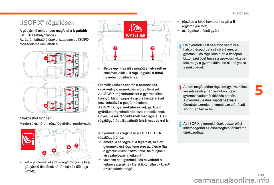 CITROEN C3 2019 Kezelési útmutató (in Hungarian) 109
„ISOFIX” rögzítések
A gépjármű mindenben megfelel a legújabb
ISOFIX szabályozásnak.
Az ábrán látható üléseket szabványos ISOFIX
rögzítőelemekkel látták el:
* Változatt CITROEN C3 2019 Kezelési útmutató (in Hungarian) 109
„ISOFIX” rögzítések
A gépjármű mindenben megfelel a legújabb
ISOFIX szabályozásnak.
Az ábrán látható üléseket szabványos ISOFIX
rögzítőelemekkel látták el:
* Változatt