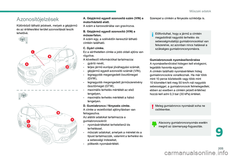 CITROEN C3 2019 Kezelési útmutató (in Hungarian) 205
Azonosítójelzések
Különböző látható jelzések, melyek a gépjármű
és az értékesítési terület azonosítását teszik
lehetővé.A. Gépjármű egyedi azonosító szám (VIN) a
m CITROEN C3 2019 Kezelési útmutató (in Hungarian) 205
Azonosítójelzések
Különböző látható jelzések, melyek a gépjármű
és az értékesítési terület azonosítását teszik
lehetővé.A. Gépjármű egyedi azonosító szám (VIN) a
m