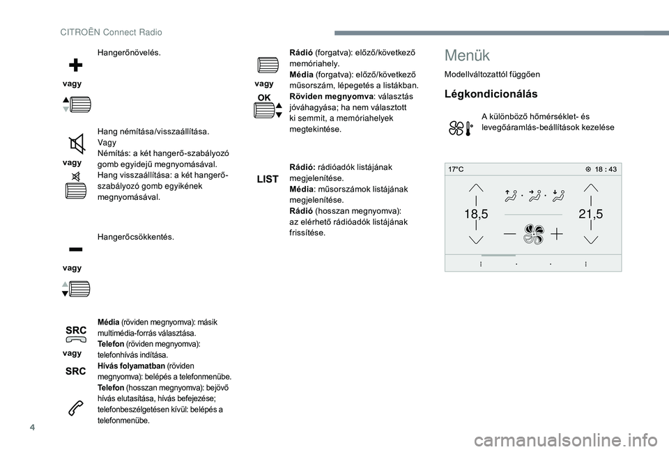 CITROEN C3 2019 Kezelési útmutató (in Hungarian) 4
21,518,5
vagyHangerőnövelés.
vagy Hang némítása/visszaállítása.
Vagy
Némítás: a két hangerő-szabályozó
gomb egyidejű megnyomásával.
Hang visszaállítása: a két hangerő-
sza CITROEN C3 2019 Kezelési útmutató (in Hungarian) 4
21,518,5
vagyHangerőnövelés.
vagy Hang némítása/visszaállítása.
Vagy
Némítás: a két hangerő-szabályozó
gomb egyidejű megnyomásával.
Hang visszaállítása: a két hangerő-
sza