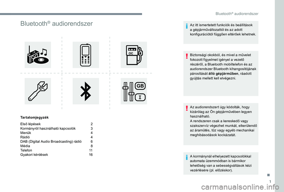 CITROEN C3 2019 Kezelési útmutató (in Hungarian) 1
Bluetooth® audiorendszer
Tartalomjegyzék
Első lépések
2
K
ormányról használható kapcsolók
3
M
enük
4
R
ádió
4
D
AB (Digital Audio Broadcasting) rádió
6
M
édia
8 CITROEN C3 2019 Kezelési útmutató (in Hungarian) 1
Bluetooth® audiorendszer
Tartalomjegyzék
Első lépések
2
K
ormányról használható kapcsolók
3
M
enük
4
R
ádió
4
D
AB (Digital Audio Broadcasting) rádió
6
M
édia
8