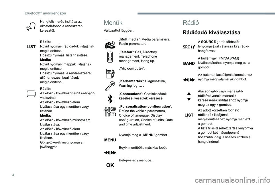 CITROEN C3 2019 Kezelési útmutató (in Hungarian) 4
Hangfelismerés indítása az
okostelefonon a rendszeren
keresztül.
Rádió:
Rövid nyomás: rádióadók listájának
megjelenítése.
Hosszú nyomás: lista frissítése.
Média:
Rövid nyomá CITROEN C3 2019 Kezelési útmutató (in Hungarian) 4
Hangfelismerés indítása az
okostelefonon a rendszeren
keresztül.
Rádió:
Rövid nyomás: rádióadók listájának
megjelenítése.
Hosszú nyomás: lista frissítése.
Média:
Rövid nyomá