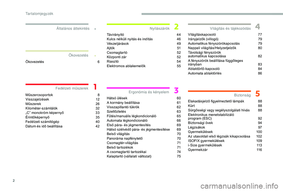 CITROEN C3 2019  Kezelési útmutató (in Hungarian) 2
.
.
Műszercsoportok 8
V isszajelzések  12
Műszerek
 2

6
Kilométer-számlálók
 

32
„C” monokróm képernyő
 
3
 3
Érintőképernyő
 3

5
Fedélzeti számítógép
 
4
 0
Dátum és id�