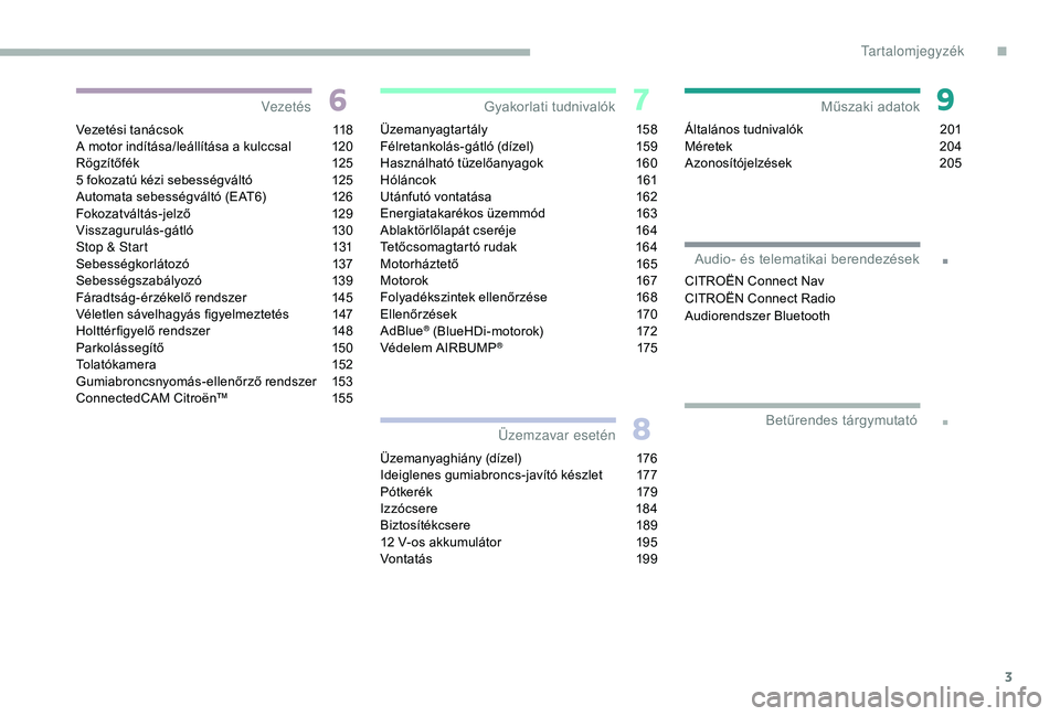CITROEN C3 2019  Kezelési útmutató (in Hungarian) 3
.
.
Vezetési tanácsok 118
A motor indítása/leállítása a kulccsal  1 20
Rögzítőfék
 
1
 25
5
  fokozatú kézi sebességváltó  
1
 25
Automata sebességváltó (EAT6)
 
1
 26
Fokozatvál