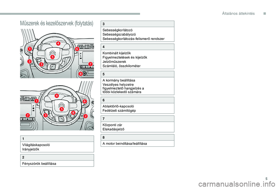 CITROEN C3 2019  Kezelési útmutató (in Hungarian) 5
Műszerek és kezelőszervek (folytatás)3
Sebességkorlátozó
Sebességszabályozó
Sebességkorlátozás-felismerő rendszer
4
Kombinált kijelzők
Figyelmeztetések és kijelzők
Jelzőműszerek