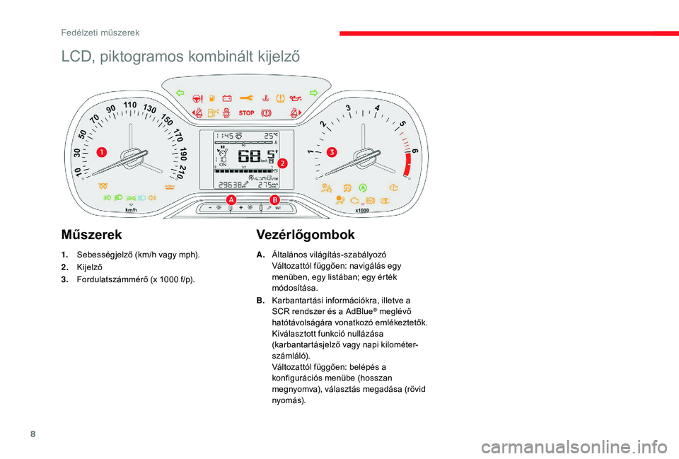 CITROEN C3 2019  Kezelési útmutató (in Hungarian) 8
LCD, piktogramos kombinált kijelző
Műszerek
1.Sebességjelző (km/h vagy mph).
2. Kijelző
3. Fordulatszámmérő (x 1000
  f/p).
Vezérlőgombok
A.Általános világítás-szabályozó
Változat