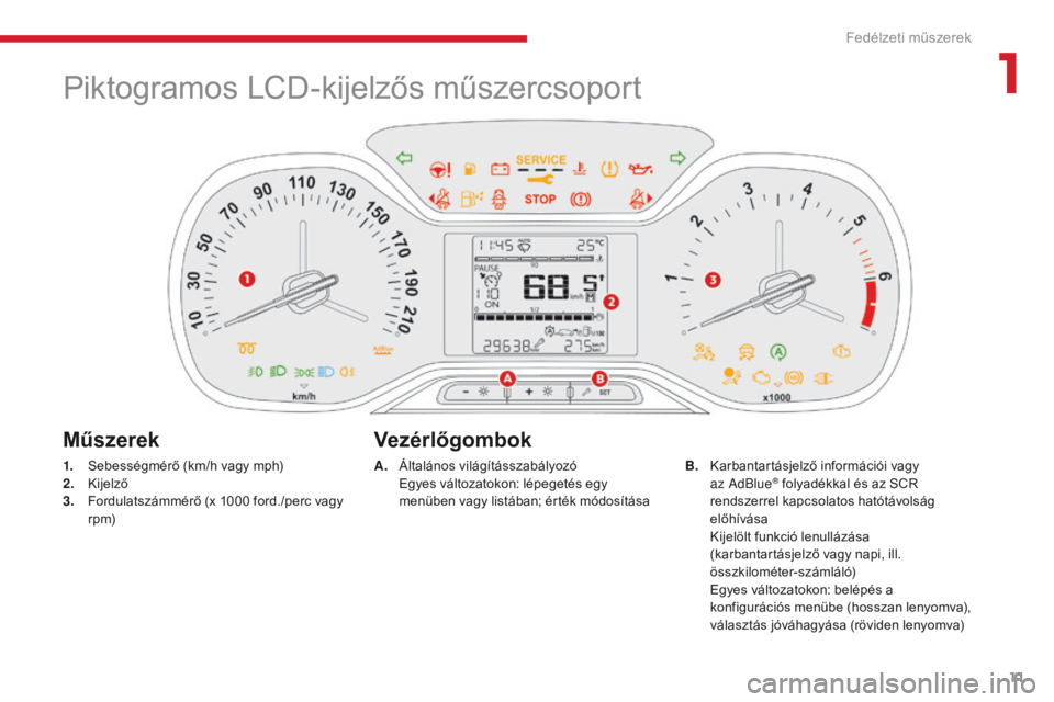 CITROEN C3 2017 Kezelési útmutató (in Hungarian) 11
B618 _hu_Chap01_instruments- de-bord_ed01-2016
Piktogramos LCD-kijelzős műszercsoport
1. Sebességmérő (km/h vagy mph)
2. K
ijelző
3.
F
ordulatszámmérő (x 1000 ford./perc vagy
r p m)
Mű CITROEN C3 2017 Kezelési útmutató (in Hungarian) 11
B618 _hu_Chap01_instruments- de-bord_ed01-2016
Piktogramos LCD-kijelzős műszercsoport
1. Sebességmérő (km/h vagy mph)
2. K
ijelző
3.
F
ordulatszámmérő (x 1000 ford./perc vagy
r p m)
Mű
