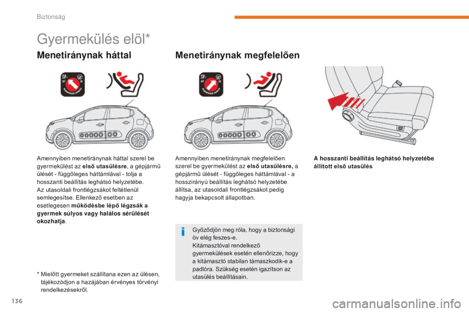 CITROEN C3 2017 Kezelési útmutató (in Hungarian) 136
B618_hu_Chap05_securite_ed01-2016
Gyermekülés elöl*
Menetiránynak háttalMenetiránynak megfelelően
A hosszanti beállítás leghátsó helyzetébe
állított első utasülés
Győződjön m CITROEN C3 2017 Kezelési útmutató (in Hungarian) 136
B618_hu_Chap05_securite_ed01-2016
Gyermekülés elöl*
Menetiránynak háttalMenetiránynak megfelelően
A hosszanti beállítás leghátsó helyzetébe
állított első utasülés
Győződjön m