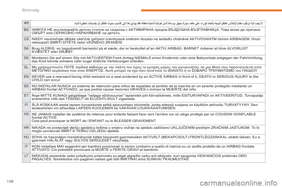 CITROEN C3 2017  Kezelési útmutató (in Hungarian) 138
Ar
BGНИКОГА НЕ инсталирайте детско столче на седалка с АКТИВИРАНА предна ВЪЗДУШНА ВЪЗГЛАВНИЦ А. Това може да 