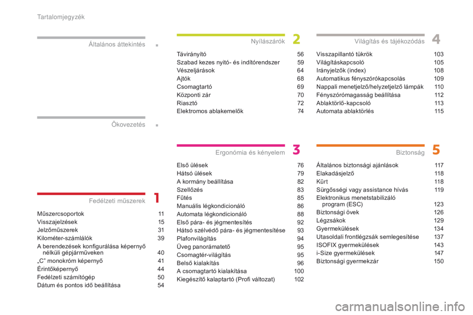 CITROEN C3 2017  Kezelési útmutató (in Hungarian) .
.
B618_hu_Chap00a_sommaire_ed01-2016
Műszercsoportok 11
Visszajelzések
 1
 5
Jelzőműszerek
 3

1
Kilométer-számlálók
 3

9
A berendezések konfigurálása képernyő   nélküli gépjárműv