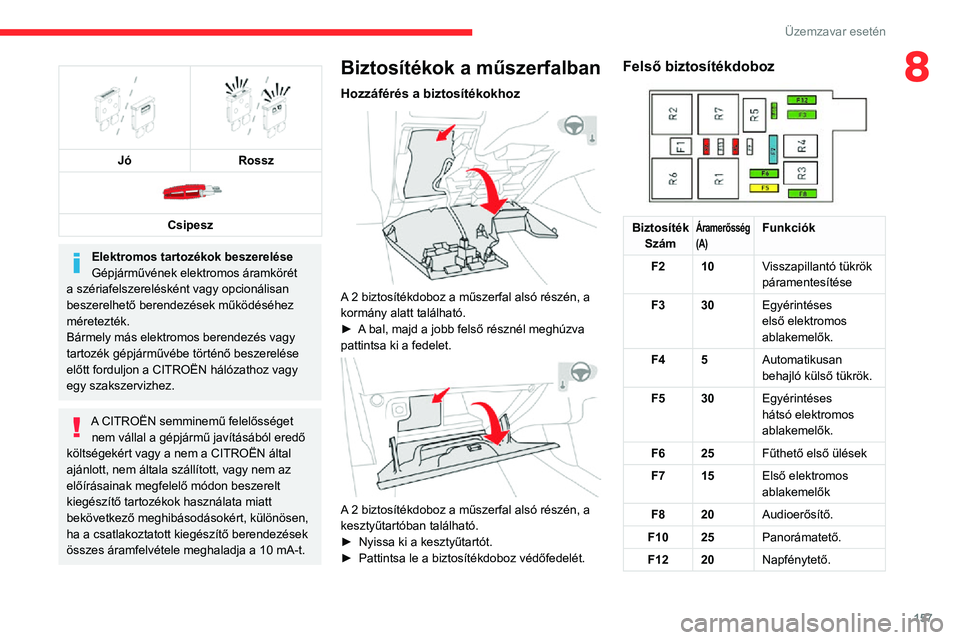 CITROEN C3 AIRCROSS 2021 Kezelési útmutató (in Hungarian) 157
Üzemzavar esetén
8
Jó
Rossz
Csipesz
Elektromos tartozékok beszerelése
Gépjárművének elektromos áramkörét
a szériafelszerelésként vagy opcionálisan
beszerelhető berendez CITROEN C3 AIRCROSS 2021 Kezelési útmutató (in Hungarian) 157
Üzemzavar esetén
8
Jó
Rossz
Csipesz
Elektromos tartozékok beszerelése
Gépjárművének elektromos áramkörét
a szériafelszerelésként vagy opcionálisan
beszerelhető berendez