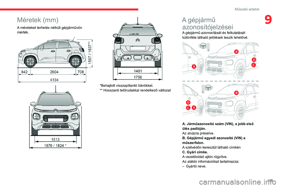 CITROEN C3 AIRCROSS 2021 Kezelési útmutató (in Hungarian) 169
Műszaki adatok
9Méretek (mm)
A méreteket terhelés nélküli gépjárművön
mérték.
*Behajtott visszapillantó tükrökkel.
** Hosszanti tetőrudakkal rendelkező változat
A gépjárm CITROEN C3 AIRCROSS 2021 Kezelési útmutató (in Hungarian) 169
Műszaki adatok
9Méretek (mm)
A méreteket terhelés nélküli gépjárművön
mérték.
*Behajtott visszapillantó tükrökkel.
** Hosszanti tetőrudakkal rendelkező változat
A gépjárm