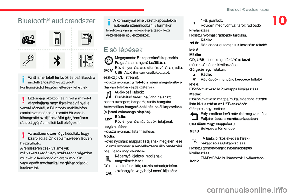 CITROEN C3 AIRCROSS 2021  Kezelési útmutató (in Hungarian) 171
Bluetooth® audiorendszer
10Bluetooth® audiorendszer 
 
Az itt ismertetett funkciók és beállítások a modellváltozattól és az adott 
konfigurációtól függően eltérőek lehetnek.
Bizto
