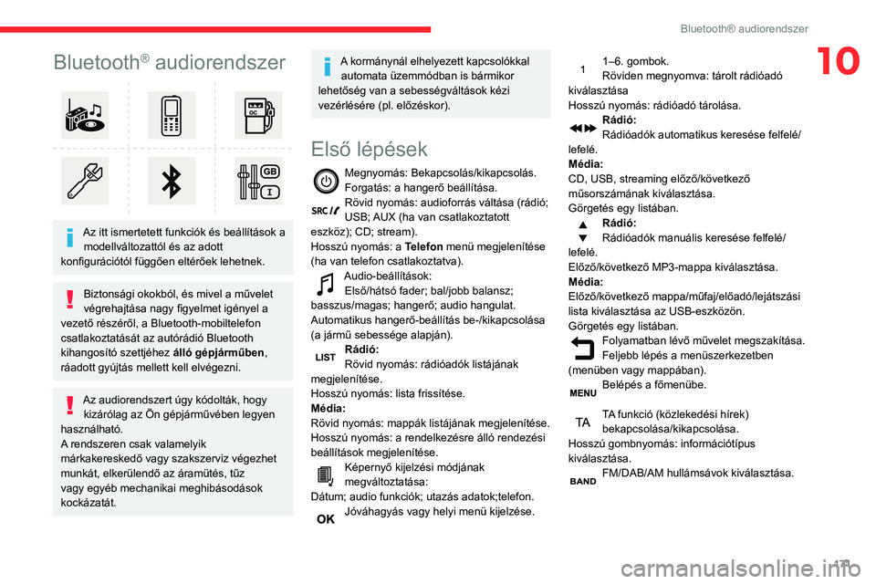 CITROEN C3 AIRCROSS 2021 Kezelési útmutató (in Hungarian) 171
Bluetooth® audiorendszer
10Bluetooth® audiorendszer
Az itt ismertetett funkciók és beállítások a modellváltozattól és az adott
konfigurációtól függően eltérőek lehetnek.
Bizto CITROEN C3 AIRCROSS 2021 Kezelési útmutató (in Hungarian) 171
Bluetooth® audiorendszer
10Bluetooth® audiorendszer
Az itt ismertetett funkciók és beállítások a modellváltozattól és az adott
konfigurációtól függően eltérőek lehetnek.
Bizto