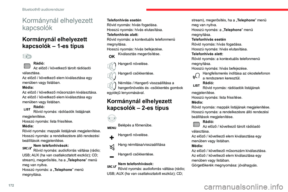 CITROEN C3 AIRCROSS 2021 Kezelési útmutató (in Hungarian) 172
Bluetooth® audiorendszer
Menük
Változattól függően."Multimedia": Media parameters, Radio
parameters.
"Telefon": Call, Directory management,
Telephone management, Hang up.
& CITROEN C3 AIRCROSS 2021 Kezelési útmutató (in Hungarian) 172
Bluetooth® audiorendszer
Menük
Változattól függően."Multimedia": Media parameters, Radio
parameters.
"Telefon": Call, Directory management,
Telephone management, Hang up.
&