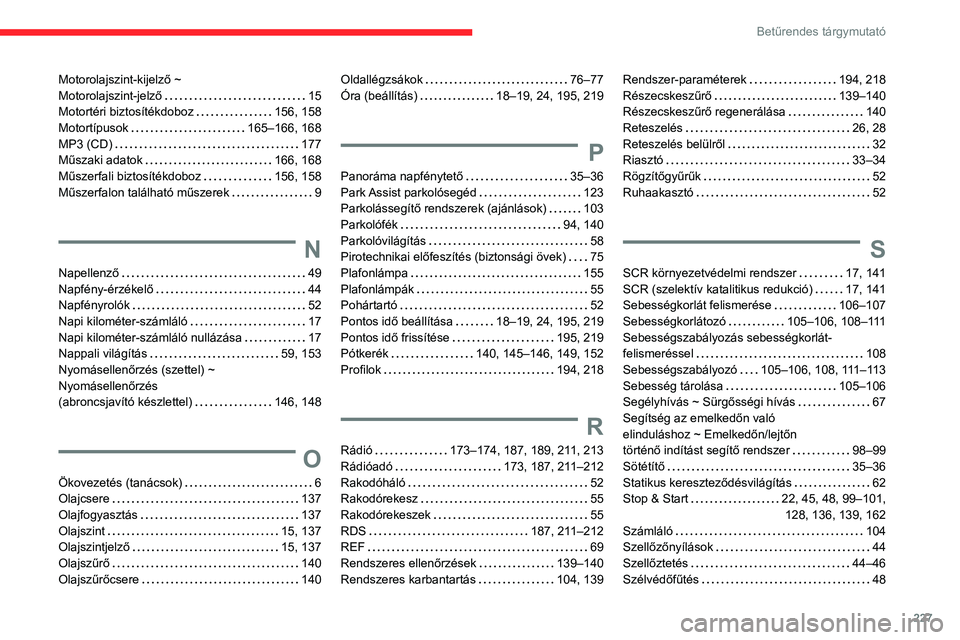 CITROEN C3 AIRCROSS 2021  Kezelési útmutató (in Hungarian) 227
Betűrendes tárgymutató
Motorolajszint-kijelző ~  Motorolajszint-jelző   15Motortéri biztosítékdoboz   156, 158Motortípusok   165–166, 168MP3 (CD)   177Műszaki adatok   166, 168Műszerf