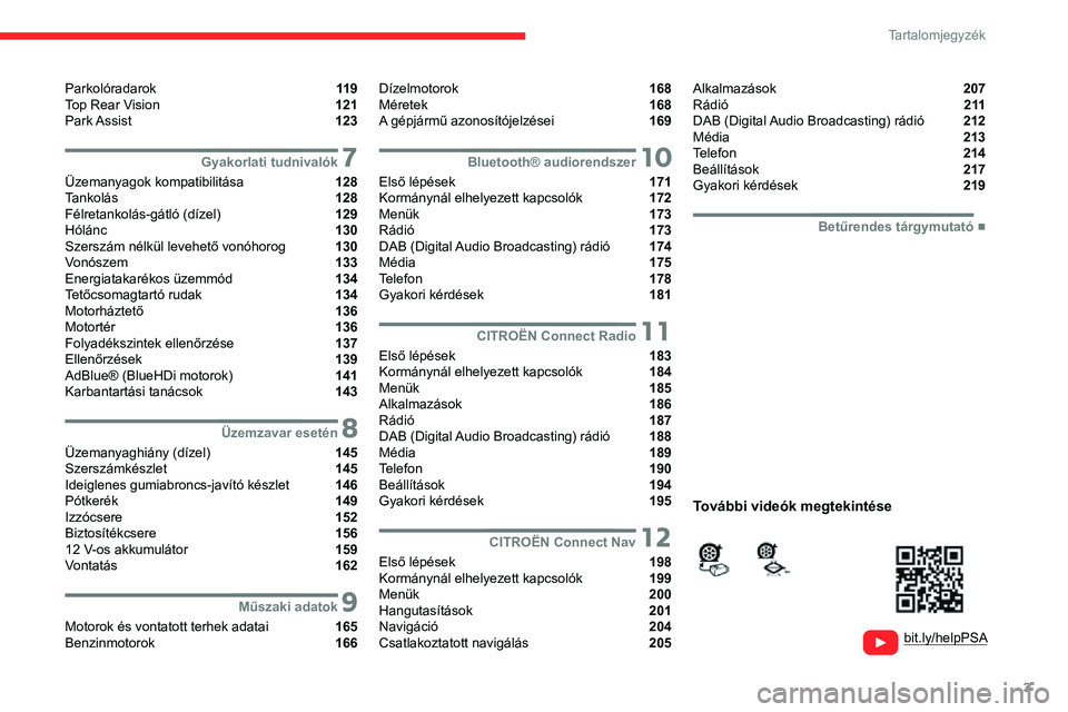 CITROEN C3 AIRCROSS 2021  Kezelési útmutató (in Hungarian) 3
Tartalomjegyzék
  
  
bit.ly/helpPSA 
 
 
Parkolóradarok  11 9
Top Rear Vision  121
Park Assist  123
 7Gyakorlati tudnivalók
Üzemanyagok kompatibilitása  128
Tankolás  128
Félretankolás-gát