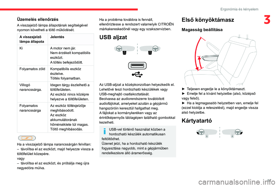 CITROEN C3 AIRCROSS 2021 Kezelési útmutató (in Hungarian) 51
Ergonómia és kényelem
3Üzemelés ellenőrzés
A visszajelző lámpa állapotának segítségével
nyomon követheti a töltő működését.
A visszajelző
lámpa állapotaJelentés
Ki A moto CITROEN C3 AIRCROSS 2021 Kezelési útmutató (in Hungarian) 51
Ergonómia és kényelem
3Üzemelés ellenőrzés
A visszajelző lámpa állapotának segítségével
nyomon követheti a töltő működését.
A visszajelző
lámpa állapotaJelentés
Ki A moto