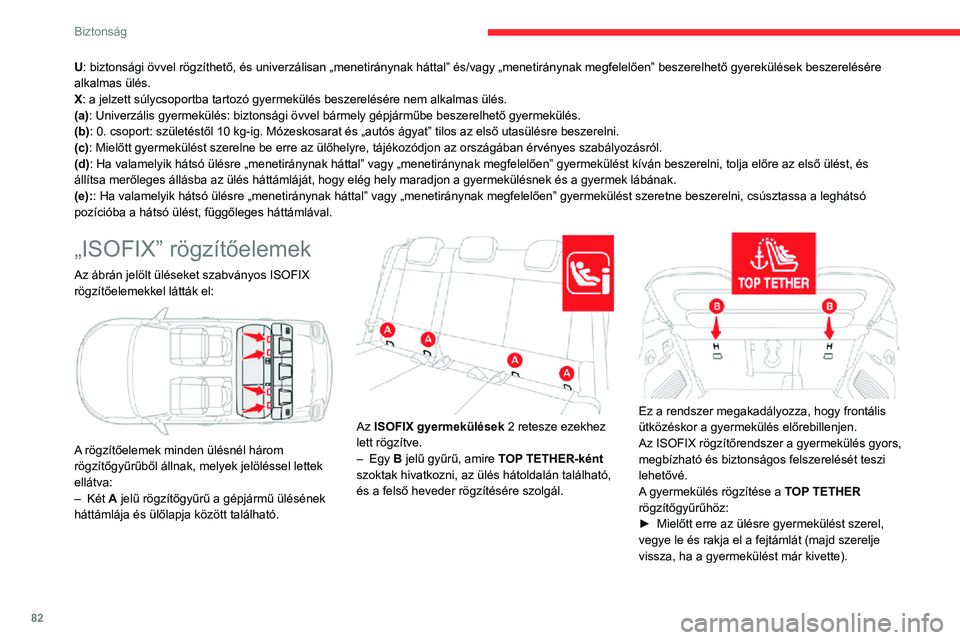CITROEN C3 AIRCROSS 2021 Kezelési útmutató (in Hungarian) 82
Biztonság
U: biztonsági övvel rögzíthető, és univerzálisan „menetiránynak háttal” és/vagy „menetiránynak megfelelően” beszerelhető gyerekülések beszerelésére
alkalmas ül CITROEN C3 AIRCROSS 2021 Kezelési útmutató (in Hungarian) 82
Biztonság
U: biztonsági övvel rögzíthető, és univerzálisan „menetiránynak háttal” és/vagy „menetiránynak megfelelően” beszerelhető gyerekülések beszerelésére
alkalmas ül