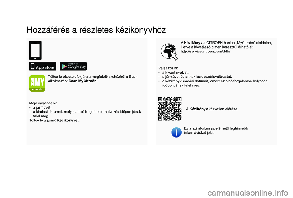CITROEN C3 AIRCROSS 2019 Kezelési útmutató (in Hungarian) Hozzáférés a részletes kézikönyvhöz
A Kézikönyv a CITROËN honlap „MyCitroën” aloldalán,
illetve a következő címen keresztül érhető el:
http://service.citroen.com/ddb/
Ez a szimb CITROEN C3 AIRCROSS 2019 Kezelési útmutató (in Hungarian) Hozzáférés a részletes kézikönyvhöz
A Kézikönyv a CITROËN honlap „MyCitroën” aloldalán,
illetve a következő címen keresztül érhető el:
http://service.citroen.com/ddb/
Ez a szimb