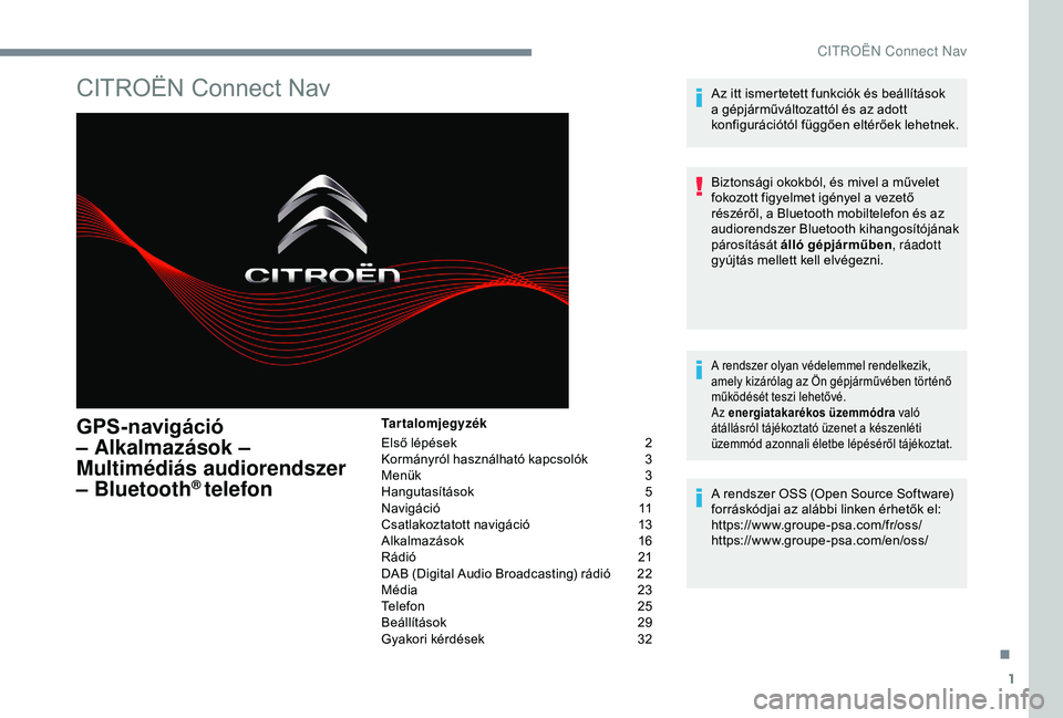 CITROEN C3 AIRCROSS 2019  Kezelési útmutató (in Hungarian) 1
CITROËN Connect Nav
GPS-navigáció 
– Alkalmazások – 
Multimédiás audiorendszer 
– Bluetooth
® telefon
Tartalomjegyzék
Első lépések 
2
K

ormányról használható kapcsolók
 3
M

e