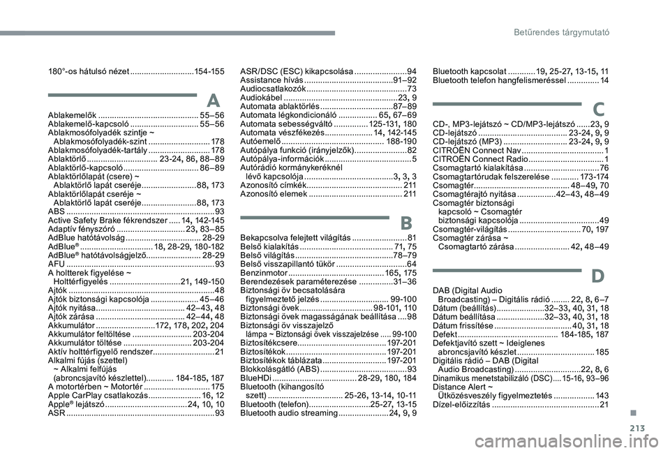 CITROEN C3 AIRCROSS 2019 Kezelési útmutató (in Hungarian) 213
180°-os hátulsó nézet ............................15 4 -15 5
AAblakemelők ............................................55–56
Ablakemelő-kapcsoló .............................. 55
–56
Abl CITROEN C3 AIRCROSS 2019 Kezelési útmutató (in Hungarian) 213
180°-os hátulsó nézet ............................15 4 -15 5
AAblakemelők ............................................55–56
Ablakemelő-kapcsoló .............................. 55
–56
Abl