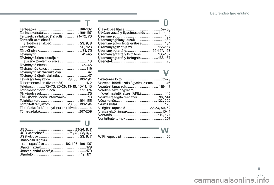 CITROEN C3 AIRCROSS 2019 Kezelési útmutató (in Hungarian) 217
TTanksapka ..............................................16 6 -167
Tanksapkafedél ............................... .......166 -167
Tartozékcsatlakozó (12 volt)
...............71
–72, 76
Tar CITROEN C3 AIRCROSS 2019 Kezelési útmutató (in Hungarian) 217
TTanksapka ..............................................16 6 -167
Tanksapkafedél ............................... .......166 -167
Tartozékcsatlakozó (12 volt)
...............71
–72, 76
Tar
