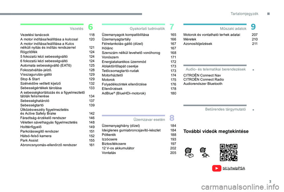 CITROEN C3 AIRCROSS 2019  Kezelési útmutató (in Hungarian) 3
.
.
bit.ly/helpPSA
Vezetési tanácsok 118
A motor indítása/leállítása a kulccsal  1 20
A motor indítása/leállítása a Kulcs  
nélküli nyitás és indítás rendszerrel
 
1
 21
Rögzítő