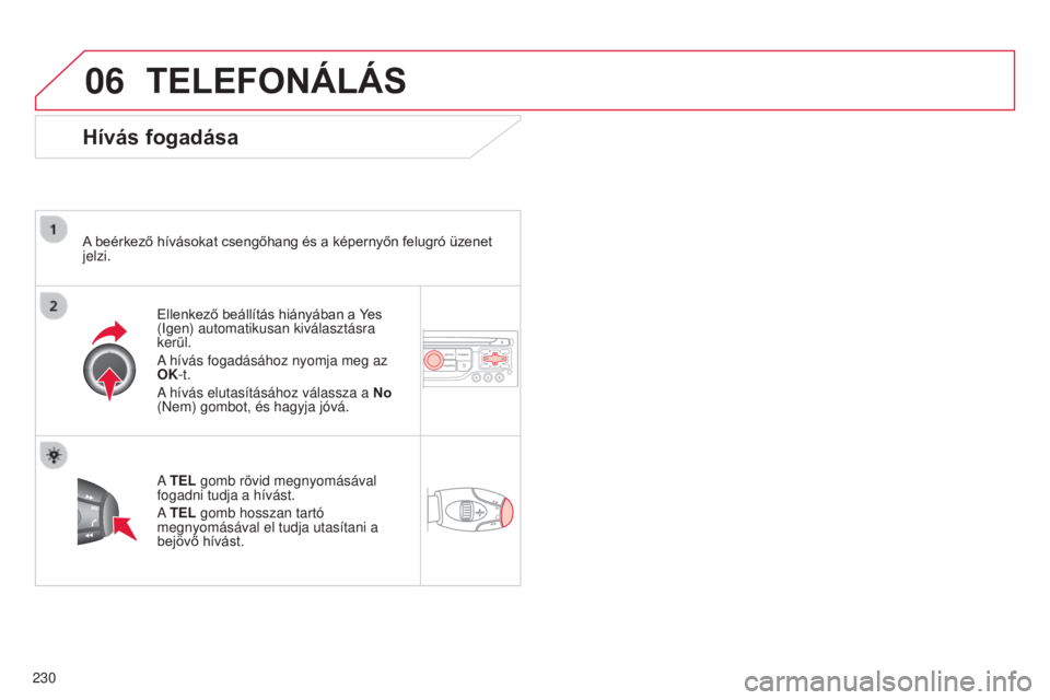 CITROEN C3 PICASSO 2015  Kezelési útmutató (in Hungarian) 06
230
C3Picasso_hu_Chap13b_Rt6-2-8_ed01-2014
TELEFONÁLÁS
Hívás fogadása
A beérkező hívásokat csengőhang és a képernyőn felugró üzenet 
jelzi.
Ellenkező beállítás hiányában a Yes 