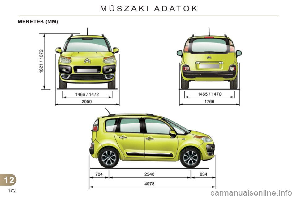 CITROEN C3 PICASSO 2012  Kezelési útmutató (in Hungarian) 12
172
MŰSZAKI ADATOK
MÉRETEK (MM)  