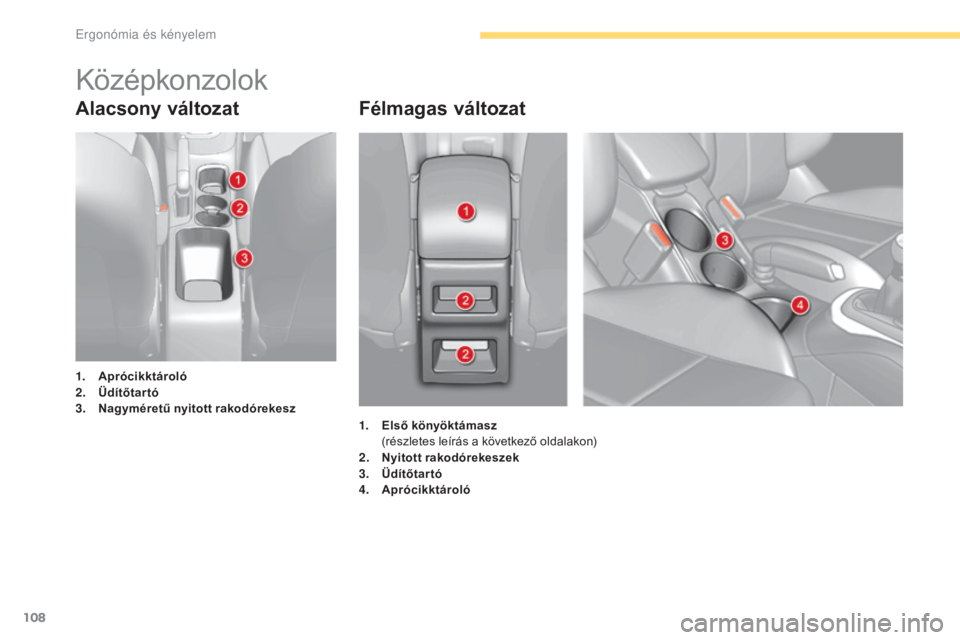 CITROEN C4 2017 Kezelési útmutató (in Hungarian) 108
C4-2_hu_Chap03_ergonomie-et-confort_ed02-2015
Alacsony változatFélmagas változat
1. Aprócikktároló
2. Ü dítőtartó
3.
N
agyméretű nyitott rakodórekesz
Középkonzolok
1. Első köny CITROEN C4 2017 Kezelési útmutató (in Hungarian) 108
C4-2_hu_Chap03_ergonomie-et-confort_ed02-2015
Alacsony változatFélmagas változat
1. Aprócikktároló
2. Ü dítőtartó
3.
N
agyméretű nyitott rakodórekesz
Középkonzolok
1. Első köny