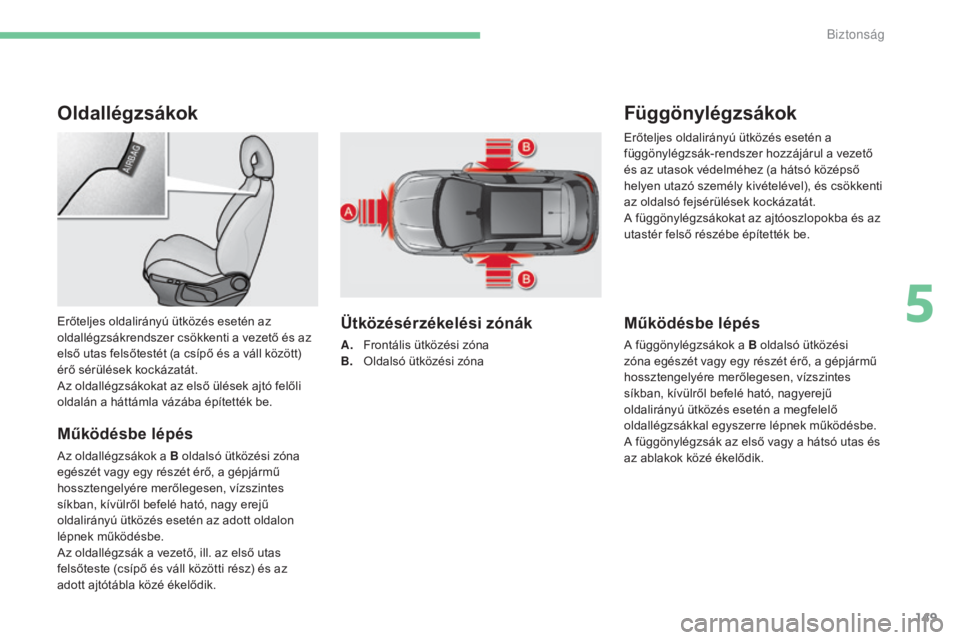 CITROEN C4 2017 Kezelési útmutató (in Hungarian) 149
C4-2_hu_Chap05_securite_ed02-2015
Oldallégzsákok
Működésbe lépés
Az oldallégzsákok a B oldalsó ütközési zóna
egészét vagy egy részét érő, a gépjármű
hossztengelyére merő CITROEN C4 2017 Kezelési útmutató (in Hungarian) 149
C4-2_hu_Chap05_securite_ed02-2015
Oldallégzsákok
Működésbe lépés
Az oldallégzsákok a B oldalsó ütközési zóna
egészét vagy egy részét érő, a gépjármű
hossztengelyére merő