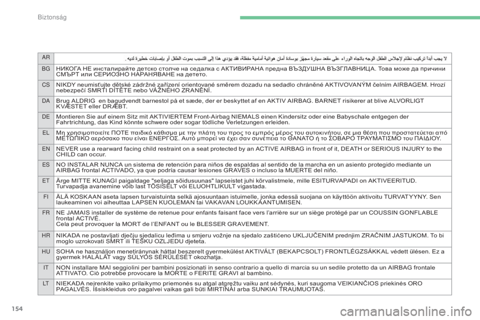CITROEN C4 2017  Kezelési útmutató (in Hungarian) AR
BG
НИКОГА НЕ инсталирайте детско столче на седалка с АКТИВИРАНА предна ВЪЗДУШНА ВЪЗГЛАВНИЦ А. Това може да п�