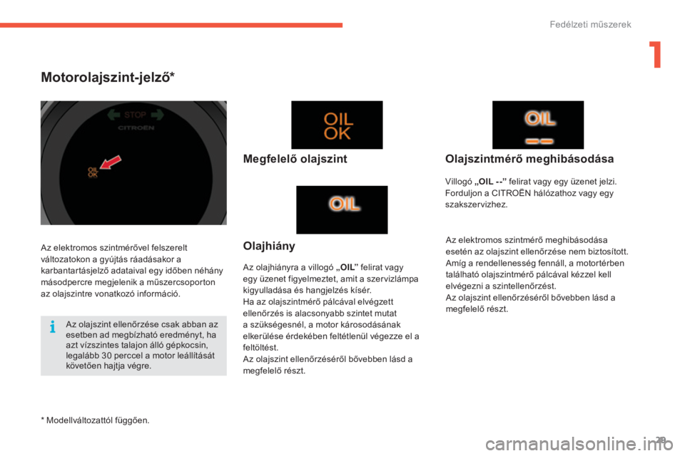 CITROEN C4 2017  Kezelési útmutató (in Hungarian) 29
C4-2_hu_Chap01_instruments-de-bord_ed02-2015
Motorolajszint-jelző*
Megfelelő olajszint
Az olajhiányra a villogó „ O I L” felirat vagy 
egy üzenet figyelmeztet, amit a szervizlámpa 
kigyul