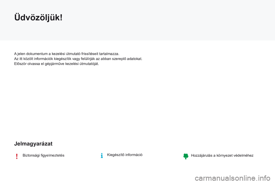 CITROEN C4 2017 Kezelési útmutató (in Hungarian) C4-2-additif_hu_Chap00b_bienvenue_ed02-2015
Biztonsági fi gyelmeztetés Kiegészítő információ Hozzájárulás a környezet védelméhez
Üdvözöljük!
A jelen dokumentum a kezel CITROEN C4 2017 Kezelési útmutató (in Hungarian) C4-2-additif_hu_Chap00b_bienvenue_ed02-2015
Biztonsági fi gyelmeztetés Kiegészítő információ Hozzájárulás a környezet védelméhez
Üdvözöljük!
A jelen dokumentum a kezel