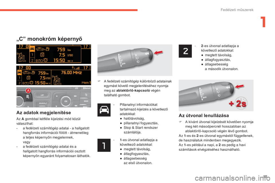 CITROEN C4 2017 Kezelési útmutató (in Hungarian) 53
C4-2_hu_Chap01_instruments-de-bord_ed02-2015
„C” monokróm képernyő
Az adatok megjelenítése
Az A gombbal kétféle kijelzési mód közül
választhat:
-
a f
edélzeti számítógép ada CITROEN C4 2017 Kezelési útmutató (in Hungarian) 53
C4-2_hu_Chap01_instruments-de-bord_ed02-2015
„C” monokróm képernyő
Az adatok megjelenítése
Az A gombbal kétféle kijelzési mód közül
választhat:
-
a f
edélzeti számítógép ada