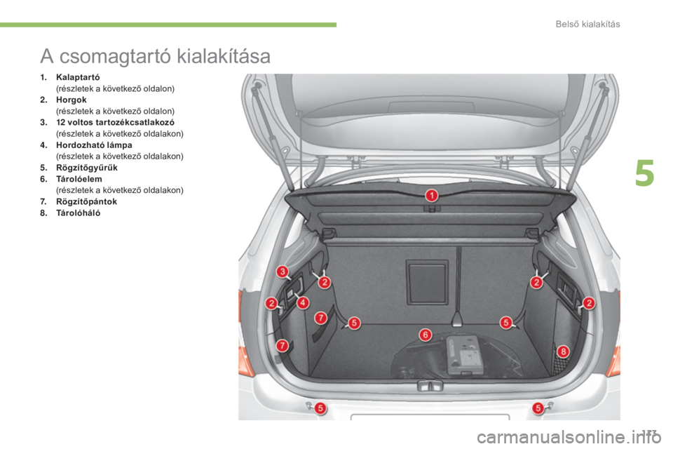 CITROEN C4 2015 Kezelési útmutató (in Hungarian) 113
C4-2_hu_Chap05_amenagement_ed01-2015
C4-2_hu_Chap05_amenagement_ed01-2015
A csomagtartó kialakítása
1. Kalaptartó (
részletek a következő oldalon)
2.
H
orgok
(
részletek a következő CITROEN C4 2015 Kezelési útmutató (in Hungarian) 113
C4-2_hu_Chap05_amenagement_ed01-2015
C4-2_hu_Chap05_amenagement_ed01-2015
A csomagtartó kialakítása
1. Kalaptartó (
részletek a következő oldalon)
2.
H
orgok
(
részletek a következő