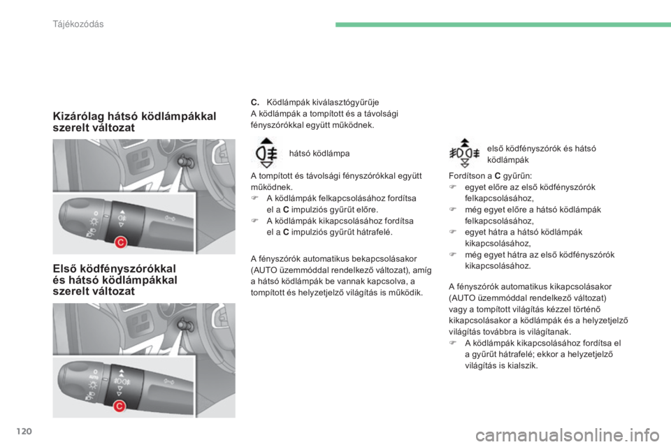 CITROEN C4 2015 Kezelési útmutató (in Hungarian) 120
C4-2_hu_Chap06_visibilite_ed01-2015
C4-2_hu_Chap06_visibilite_ed01-2015
C. Ködlámpák kiválasztógyűrűje
A ködlámpák a tompított és a távolsági
fényszórókkal együtt működnek.
A CITROEN C4 2015 Kezelési útmutató (in Hungarian) 120
C4-2_hu_Chap06_visibilite_ed01-2015
C4-2_hu_Chap06_visibilite_ed01-2015
C. Ködlámpák kiválasztógyűrűje
A ködlámpák a tompított és a távolsági
fényszórókkal együtt működnek.
A