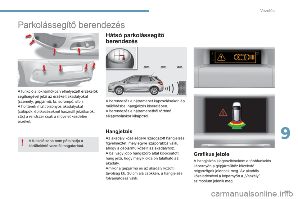 CITROEN C4 2015 Kezelési útmutató (in Hungarian) 205
C4-2_hu_Chap09_conduite_ed01-2015
C4-2_hu_Chap09_conduite_ed01-2015
Parkolássegítő berendezés
A berendezés a hátramenet kapcsolásakor lép
működésbe, hangjelzés kíséretében.
A beren CITROEN C4 2015 Kezelési útmutató (in Hungarian) 205
C4-2_hu_Chap09_conduite_ed01-2015
C4-2_hu_Chap09_conduite_ed01-2015
Parkolássegítő berendezés
A berendezés a hátramenet kapcsolásakor lép
működésbe, hangjelzés kíséretében.
A beren