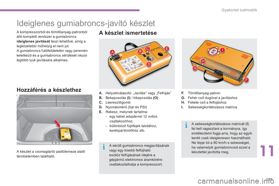 CITROEN C4 2015 Kezelési útmutató (in Hungarian) 229
C4-2_hu_Chap11_info-pratique_ed01-2015
C4-2_hu_Chap11_info-pratique_ed01-2015
Ideiglenes gumiabroncs-javító készlet
Hozzáférés a készlethez
A készlet a csomagtartó padlólemeze alatti
t CITROEN C4 2015 Kezelési útmutató (in Hungarian) 229
C4-2_hu_Chap11_info-pratique_ed01-2015
C4-2_hu_Chap11_info-pratique_ed01-2015
Ideiglenes gumiabroncs-javító készlet
Hozzáférés a készlethez
A készlet a csomagtartó padlólemeze alatti
t