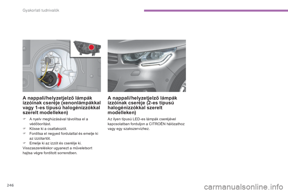 CITROEN C4 2015  Kezelési útmutató (in Hungarian) 246
C4-2_hu_Chap11_info-pratique_ed01-2015
C4-2_hu_Chap11_info-pratique_ed01-2015
A nappali/helyzetjelző lámpák 
izzóinak cseréje (xenonlámpákkal 
vagy 1- es típusú halogénizzókkal 
szerelt