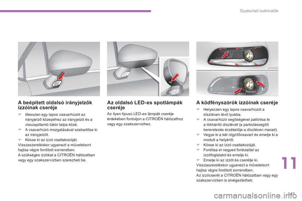 CITROEN C4 2015  Kezelési útmutató (in Hungarian) 247
C4-2_hu_Chap11_info-pratique_ed01-2015
C4-2_hu_Chap11_info-pratique_ed01-2015
A ködfényszórók izzóinak cseréje
F Helyezzen egy lapos csavarhúzót a díszlécen lévő lyukba.
F
 
A c
 savar