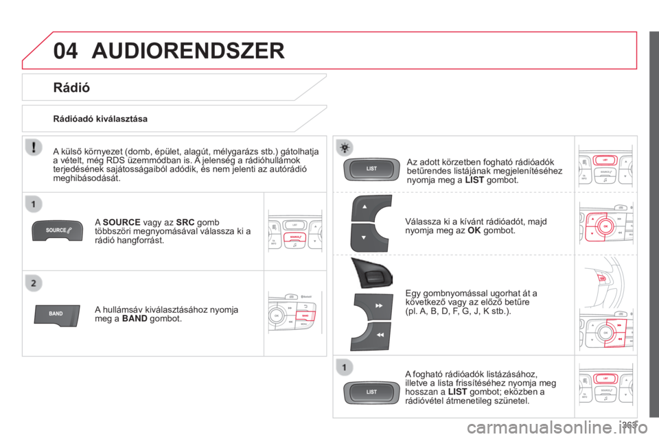 CITROEN C4 2015 Kezelési útmutató (in Hungarian) 04
363
C4-2_hu_Chap13c_RD5_ed01-2015
C4-2_hu_Chap13c_RD5_ed01-2015
AUDIORENDSZER
a SOURCE vagy az SRC gomb
többszöri megnyomásával válassza ki a
rádió hangforrást.
A
hullámsáv kiválaszt CITROEN C4 2015 Kezelési útmutató (in Hungarian) 04
363
C4-2_hu_Chap13c_RD5_ed01-2015
C4-2_hu_Chap13c_RD5_ed01-2015
AUDIORENDSZER
a SOURCE vagy az SRC gomb
többszöri megnyomásával válassza ki a
rádió hangforrást.
A
hullámsáv kiválaszt